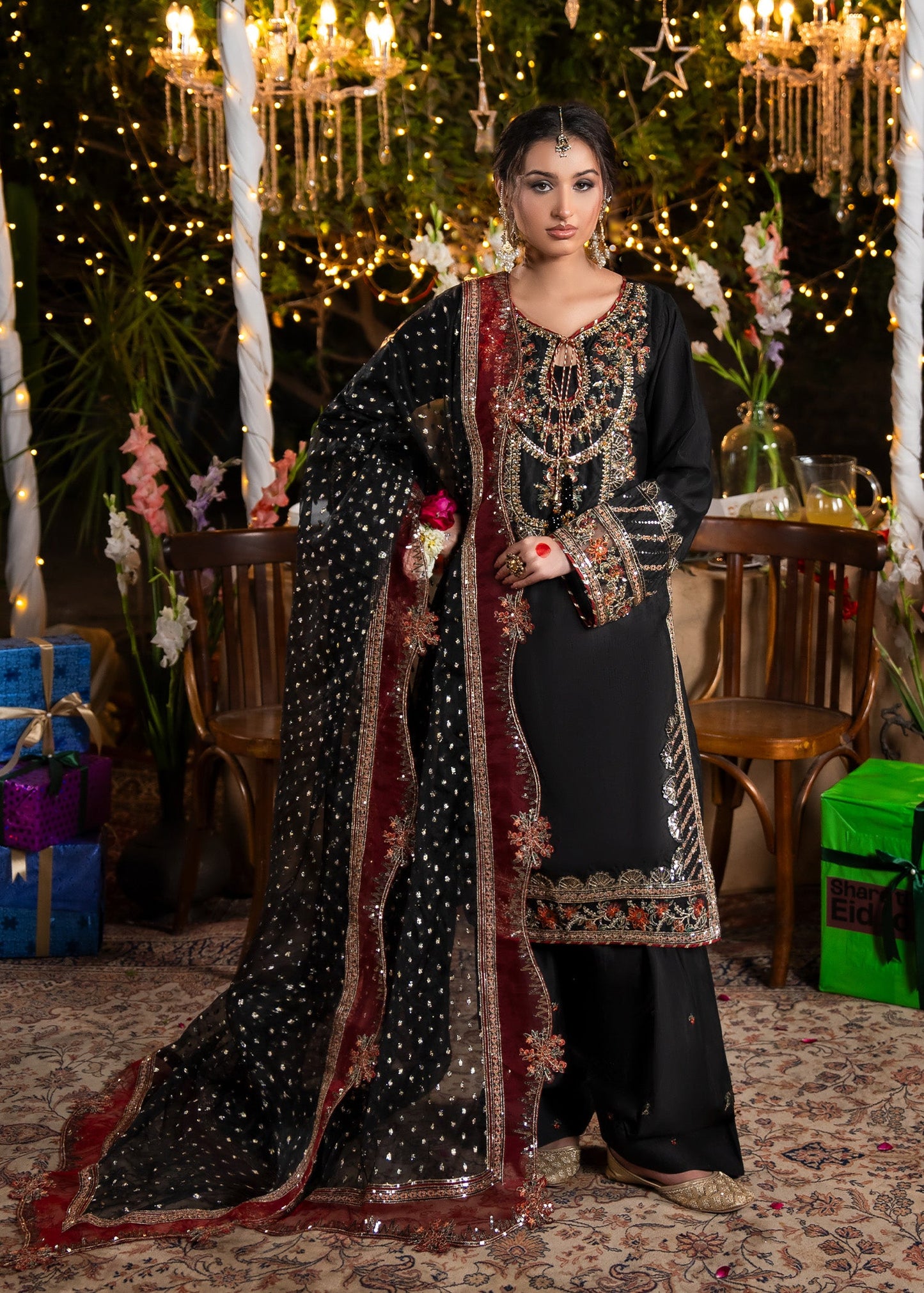 Pakistani Designer Black Raw Silk Farshi Suit Online in KSA Riyadh Saudi Arabia Oman Bahrain Qatar