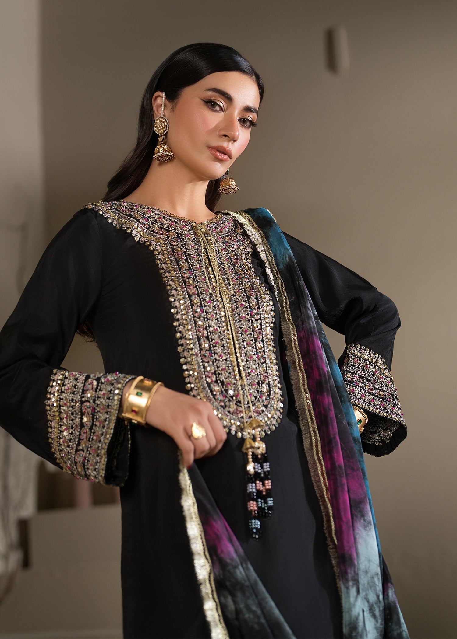 Pakistani Designer Black Raw Silk Festive Farshi Suit Online in KSA Riyadh Saudi Arabia Oman Bahrain Qatar