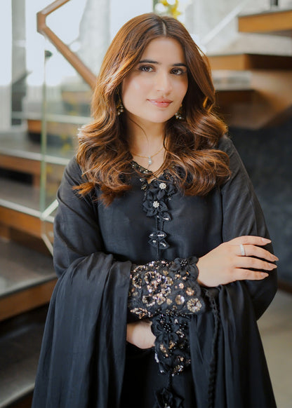 Pakistani Designer Black Raw Silk Salwar Kameez Online in KSA Riyadh Saudi Arabia Oman Bahrain Qatar