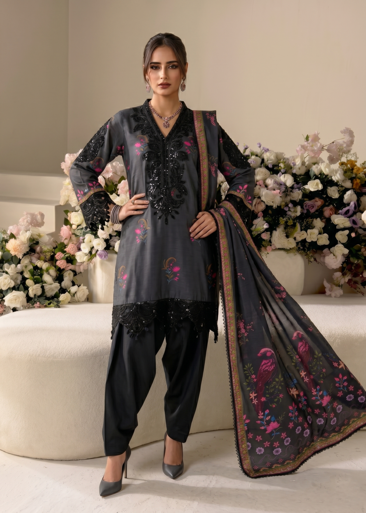 Pakistani Designer Black Raw Silk Salwar Kameez Online in KSA Riyadh Saudi Arabia Oman Bahrain Qatar