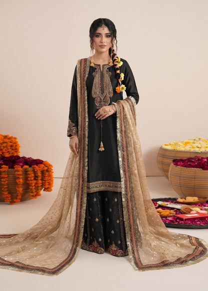 Pakistani Designer Black Raw Silk Sharara Online in KSA Riyadh Saudi Arabia Oman Bahrain Qatar