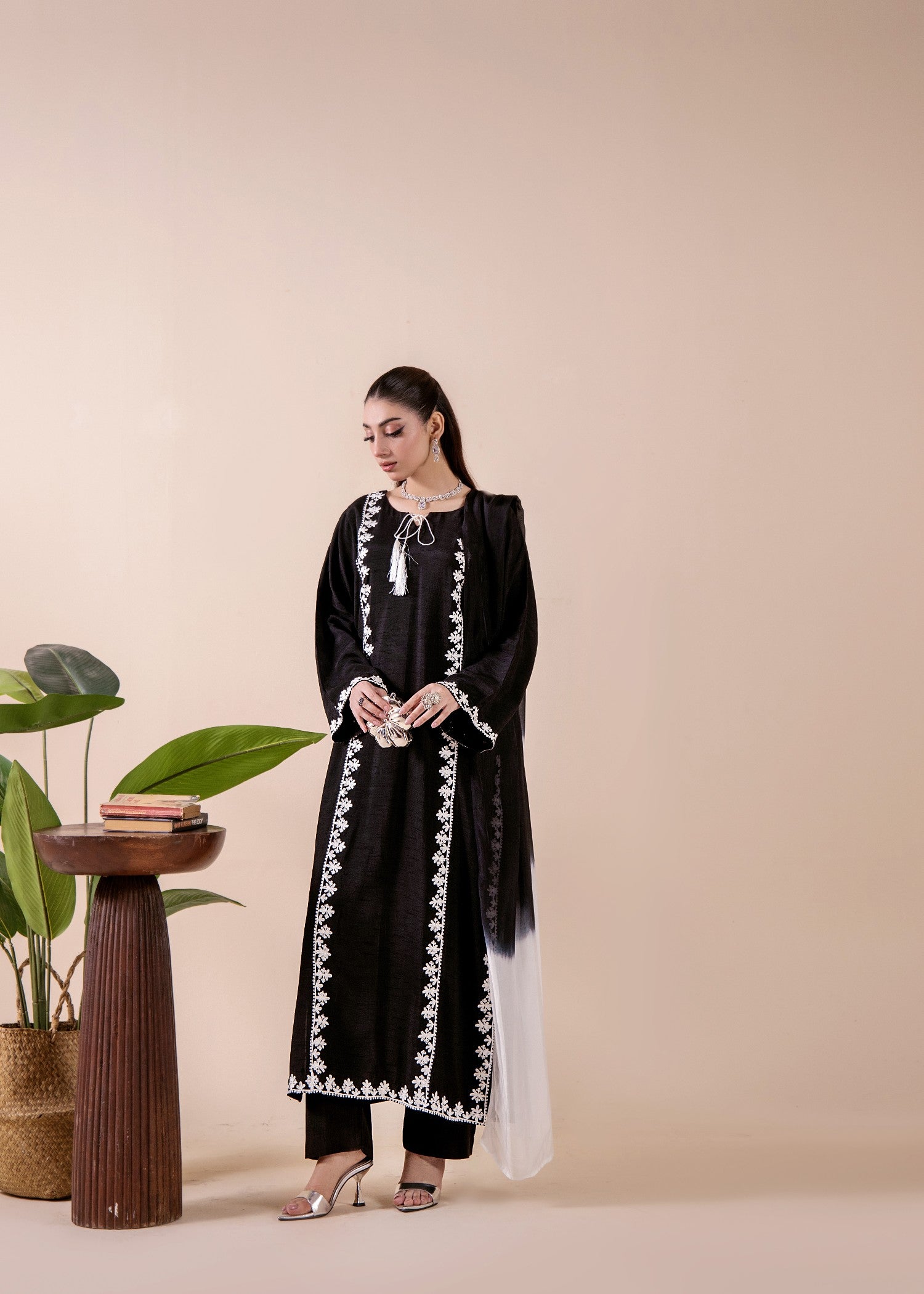 Pakistani Designer Black Silk Embroidered Salwar Suit Online in KSA Riyadh Saudi Arabia Oman Bahrain Qatar