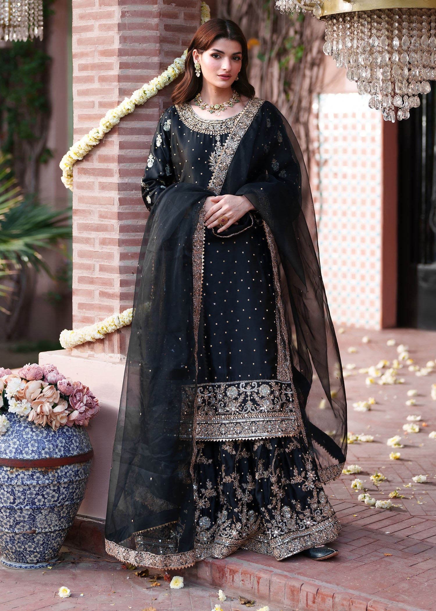 Pakistani Designer Black Silk Festive Suit Online in KSA Riyadh Saudi Arabia Oman Bahrain Qatar