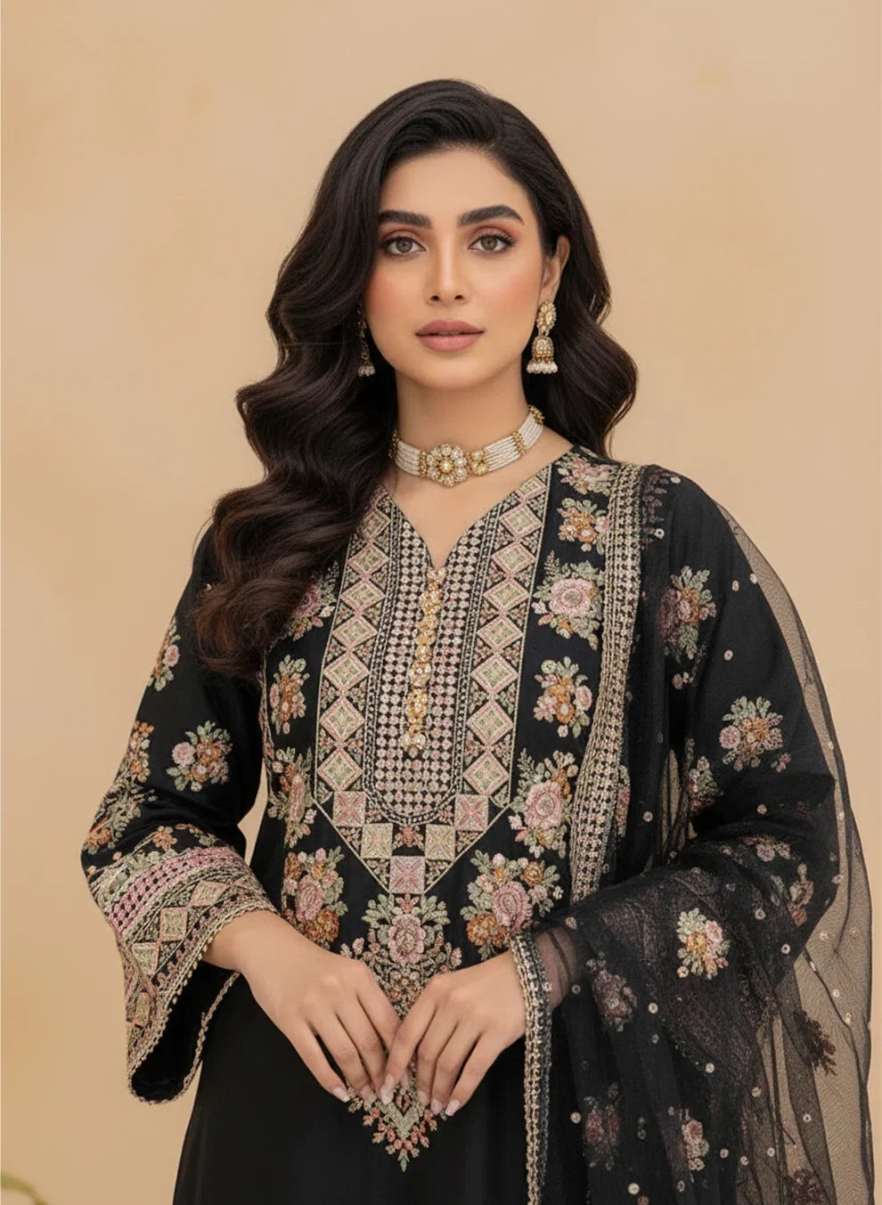 Pakistani Designer Black Silk Suit with Net Dupatta Online in KSA Riyadh Saudi Arabia Oman Bahrain Qatar