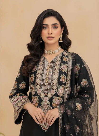 Pakistani Designer Black Silk Suit with Net Dupatta Online in KSA Riyadh Saudi Arabia Oman Bahrain Qatar