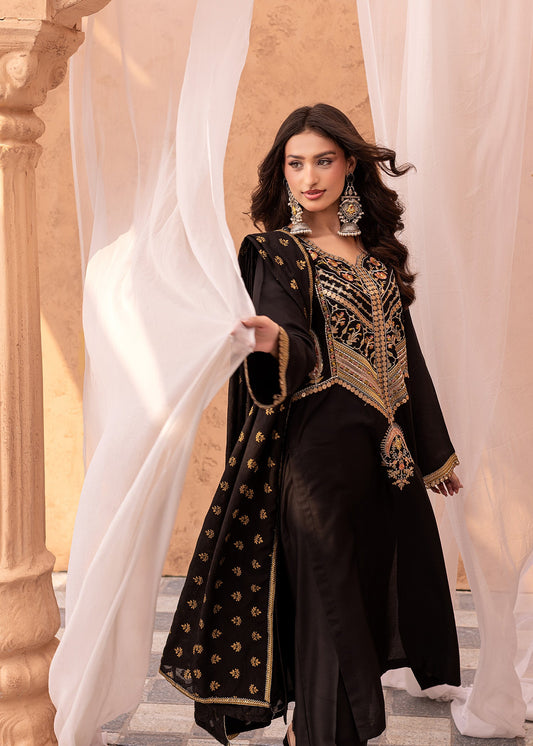 Pakistani Designer Black Viscose Salwar Kameez Online in KSA Riyadh Saudi Arabia Oman Bahrain Qatar