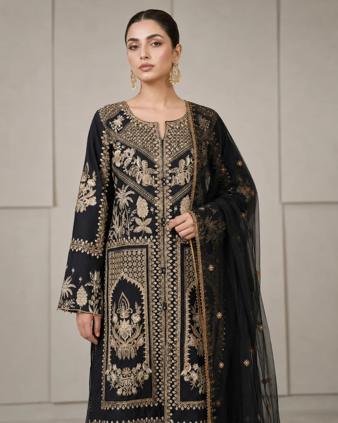Pakistani Designer Black Viscose Shalwar Kameez Online in KSA Riyadh Saudi Arabia Oman Bahrain Qatar