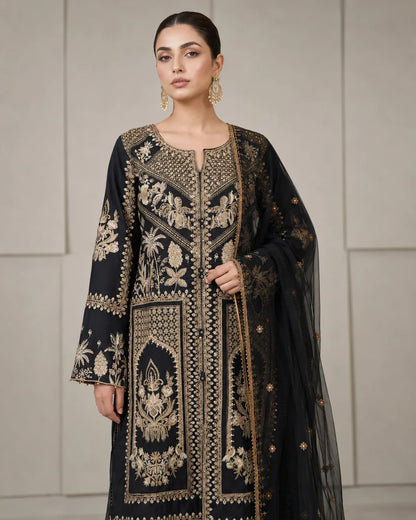 Pakistani Designer Black Viscose Shalwar Kameez Online in KSA Riyadh Saudi Arabia Oman Bahrain Qatar