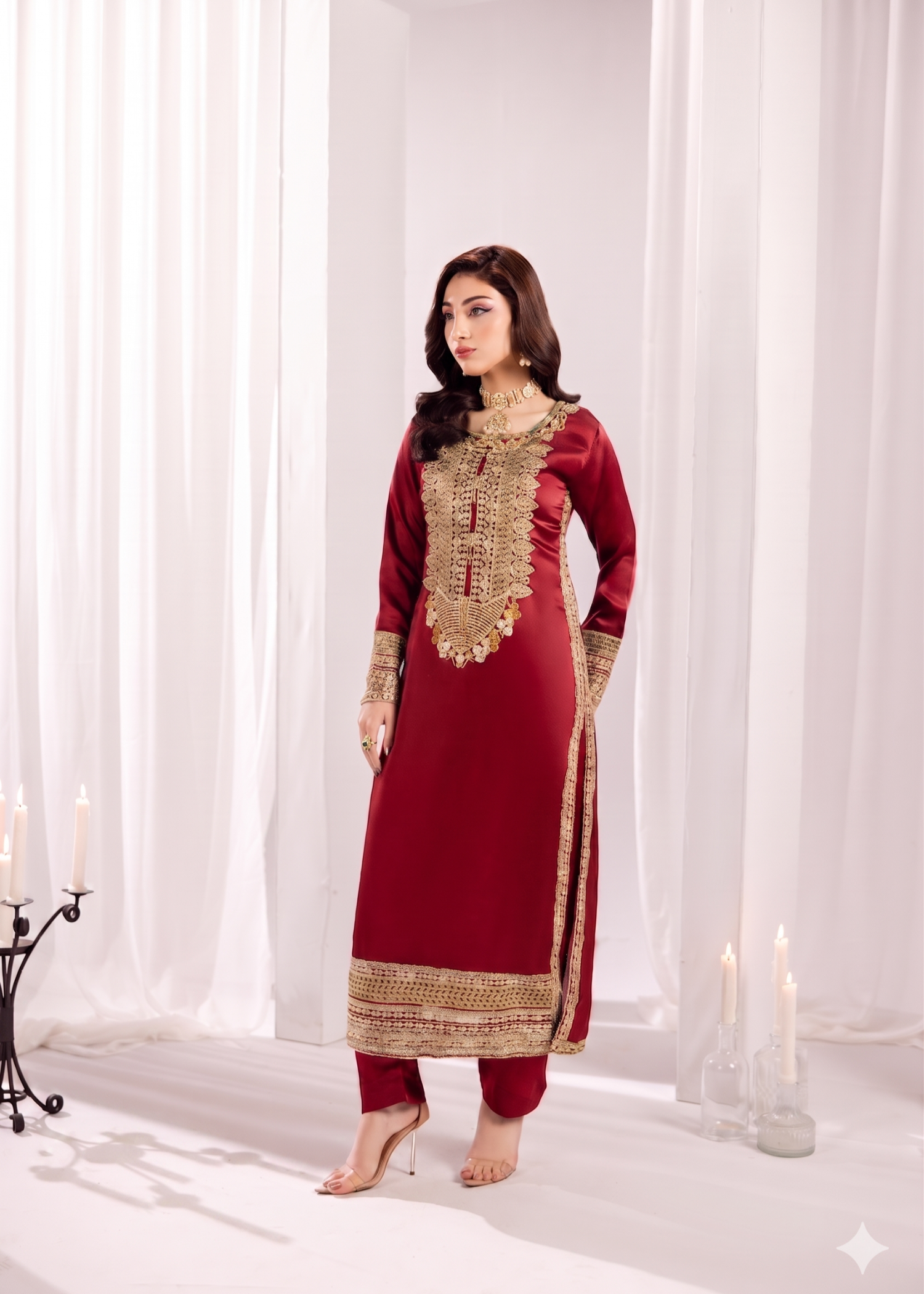 Pakistani Designer Blood Red Embroidered Silk Kurta Set Online in Sri Lanka India Australia