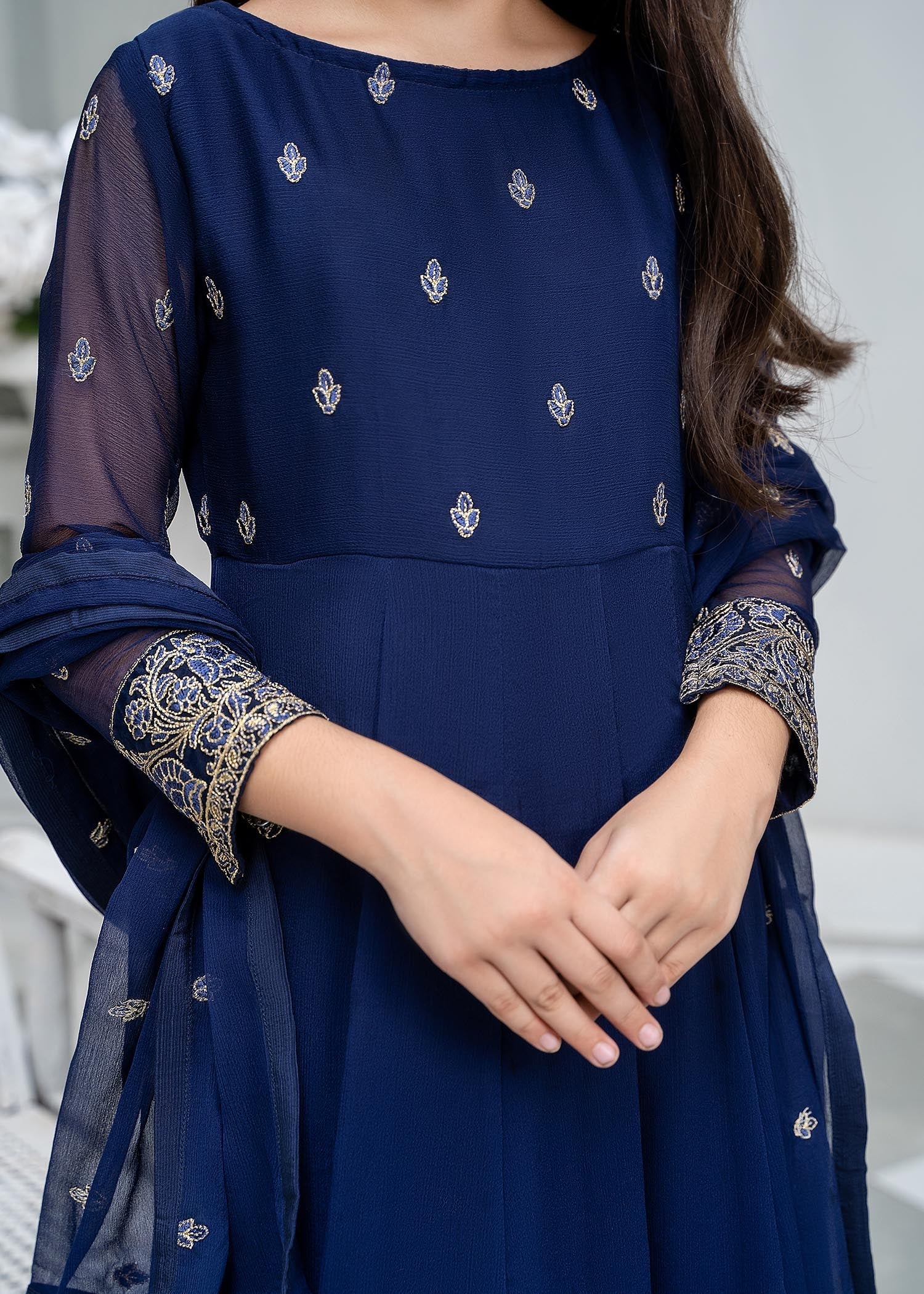 Pakistani Designer Blue Chiffon Embroidered Suit Online in KSA Riyadh Saudi Arabia Oman Bahrain Qatar