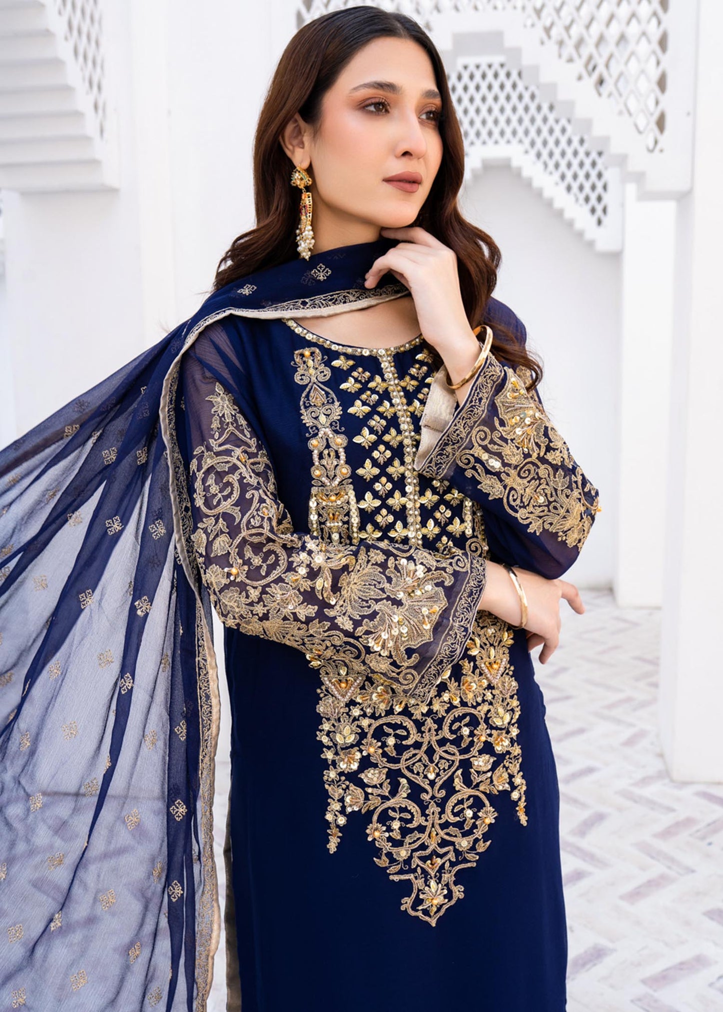 Pakistani Designer Blue Chiffon Salwar Kameez Online in KSA Riyadh Saudi Arabia Oman Bahrain Qatar