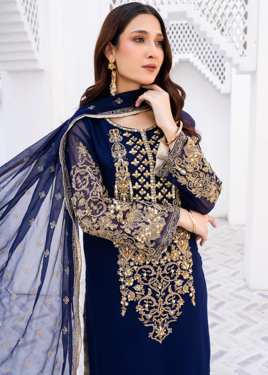 Pakistani Designer Blue Chiffon Salwar Kameez Online in KSA Riyadh Saudi Arabia Oman Bahrain Qatar