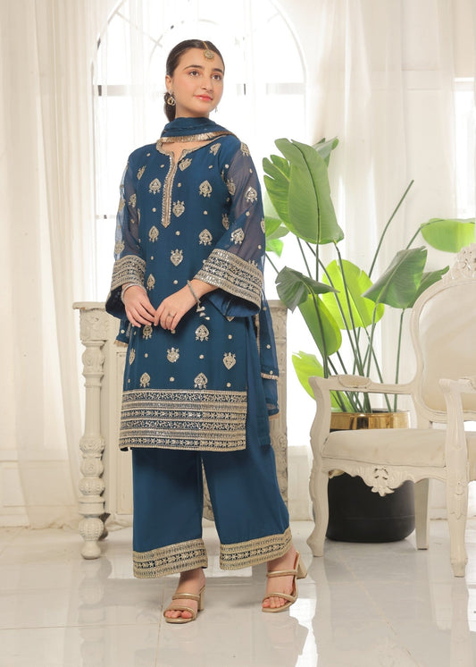 Pakistani Designer Blue Chiffon Salwar Kameez Online in KSA Riyadh Saudi Arabia Oman Bahrain Qatar