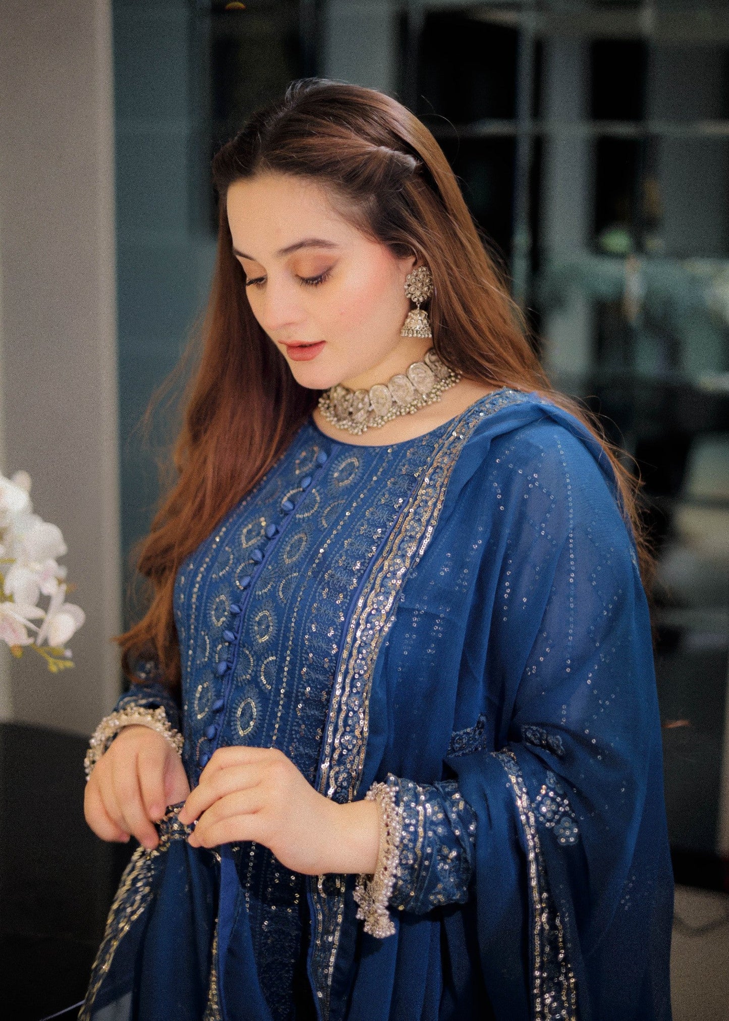 Pakistani Designer Blue Chiffon Salwar Kameez Online in KSA Riyadh Saudi Arabia Oman Bahrain Qatar