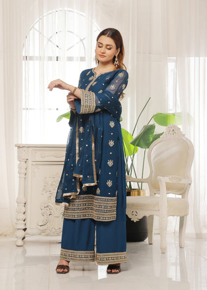 Pakistani Designer Blue Chiffon Salwar Kameez Online in KSA Riyadh Saudi Arabia Oman Bahrain Qatar