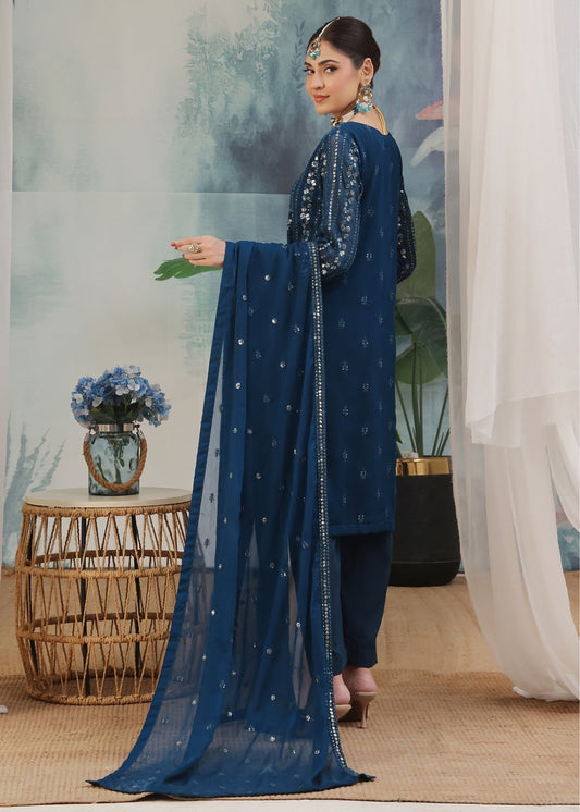 Pakistani Designer Blue Chiffon Salwar Kameez Online in KSA Riyadh Saudi Arabia Oman Bahrain Qatar