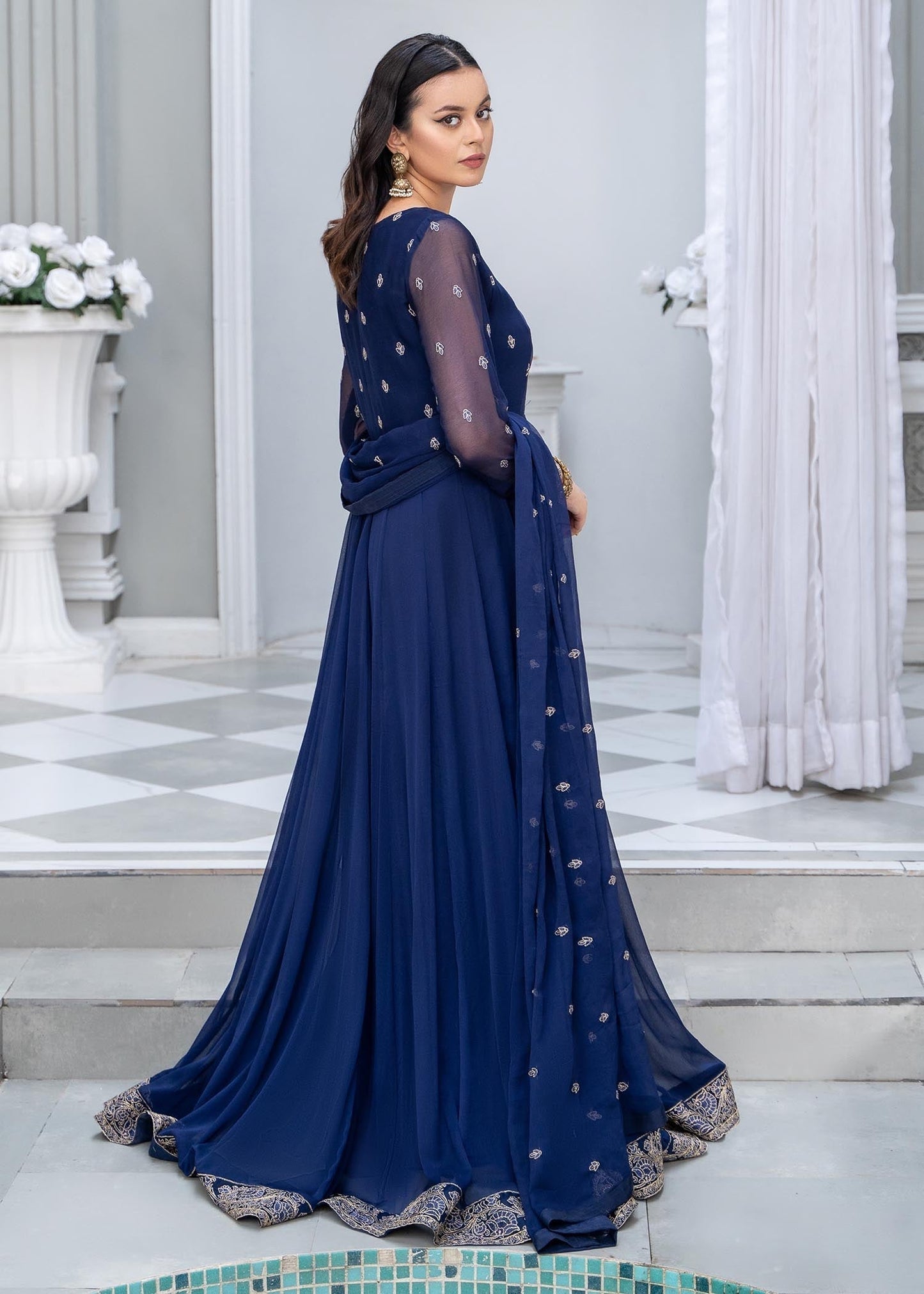 Pakistani Designer Blue Chiffon Salwar Kameez Online in KSA Riyadh Saudi Arabia Oman Bahrain Qatar