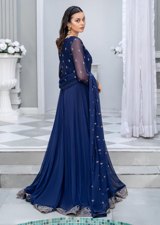 Pakistani Designer Blue Chiffon Salwar Kameez Online in KSA Riyadh Saudi Arabia Oman Bahrain Qatar