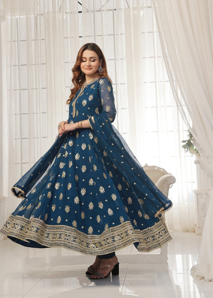 Pakistani Designer Blue Chiffon Salwar Kameez Online in KSA Riyadh Saudi Arabia Oman Bahrain Qatar