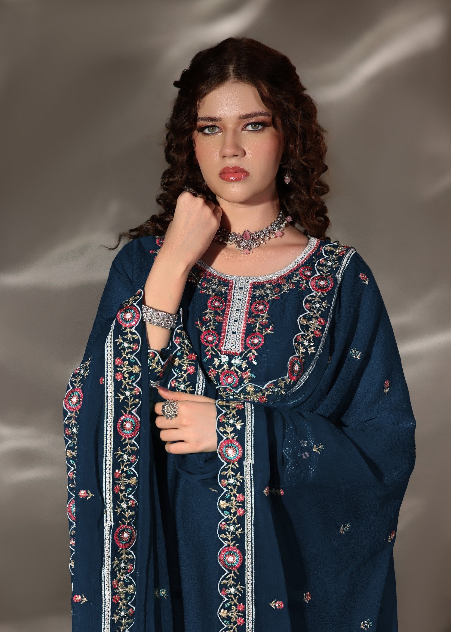 Pakistani Designer Blue Chiffon Sharara Gharara Online in KSA Riyadh Saudi Arabia Oman Bahrain Qatar