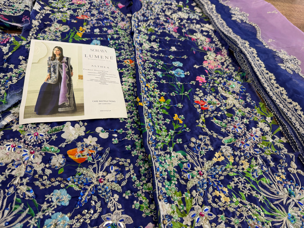 Pakistani Designer Blue Chiffon Wedding Suit Online in KSA Riyadh Saudi Arabia Oman Bahrain Qatar