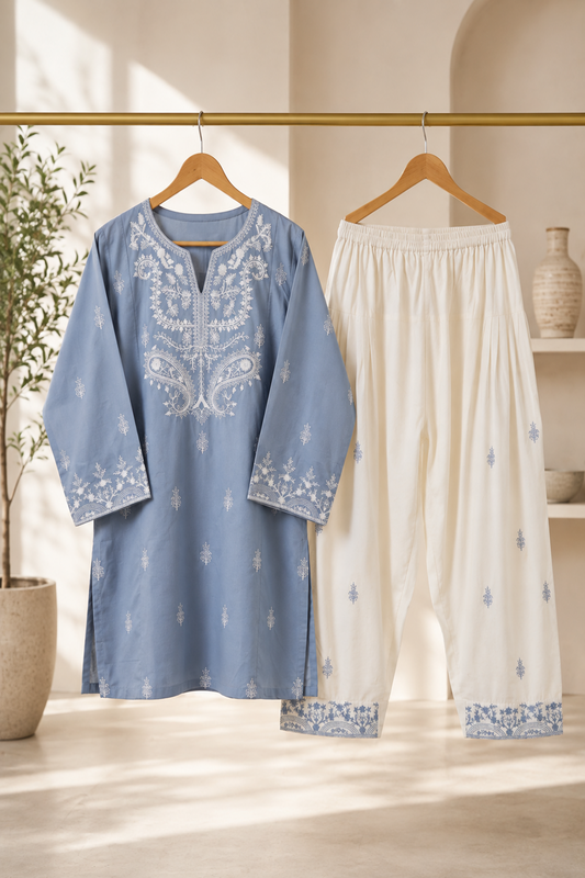 Pakistani Designer Blue Cotton Farshi Suit Online in KSA Riyadh Saudi Arabia Oman Bahrain Qatar