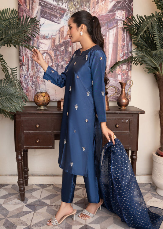 Pakistani Designer Blue Kattan Silk Embellished Suit Online in KSA Riyadh Saudi Arabia Oman Bahrain Qatar