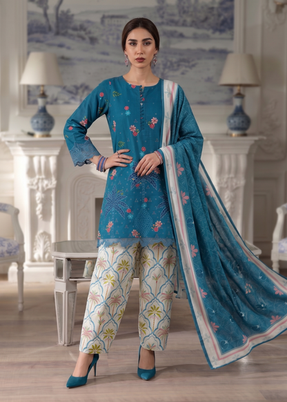 Pakistani Designer Blue Lawn Embroidered Salwar Kameez Online in KSA Riyadh Saudi Arabia Oman Bahrain Qatar