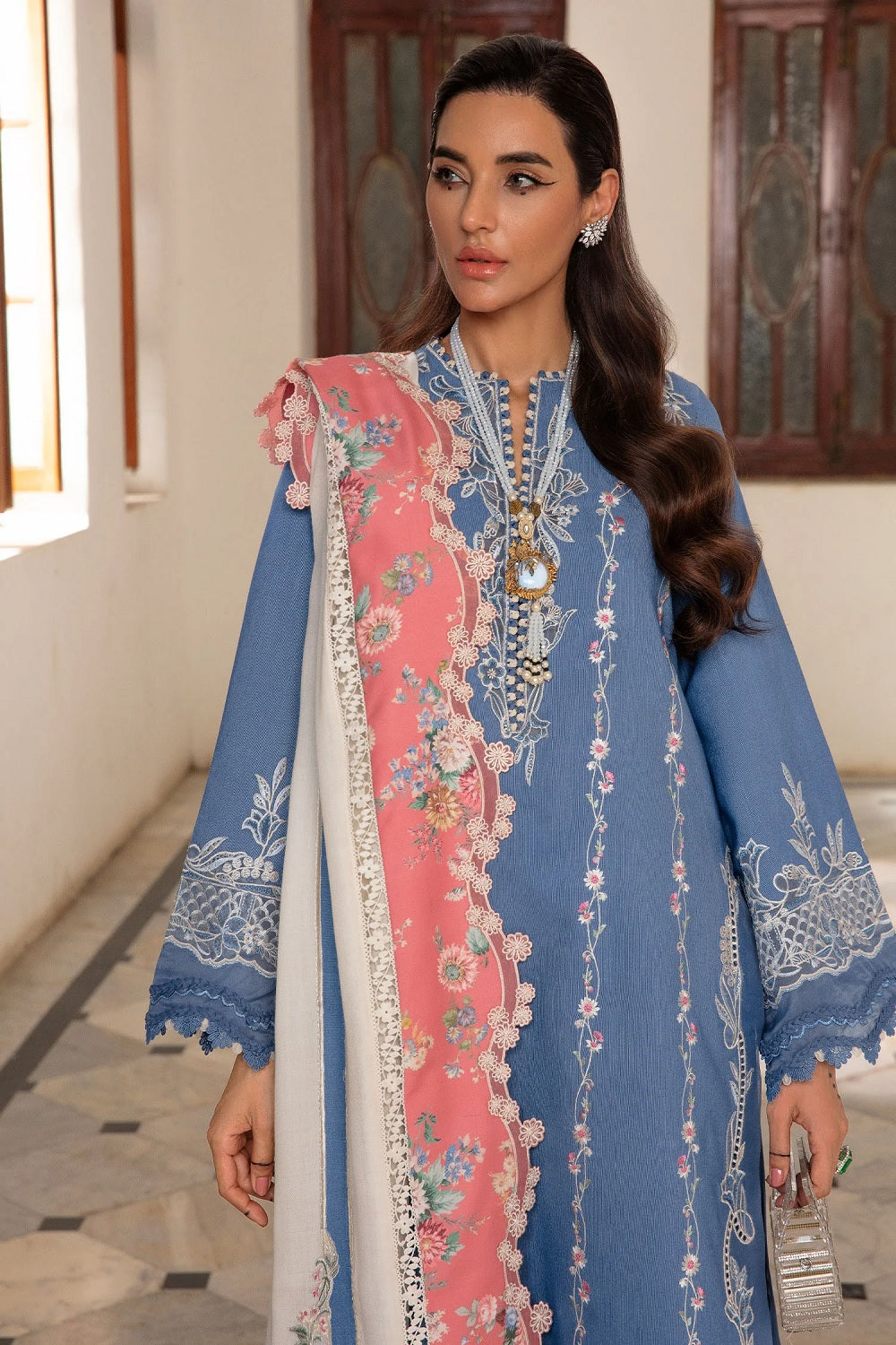 Pakistani Designer Blue Lawn Salwar Kameez Online in KSA Riyadh Saudi Arabia Oman Bahrain Qatar