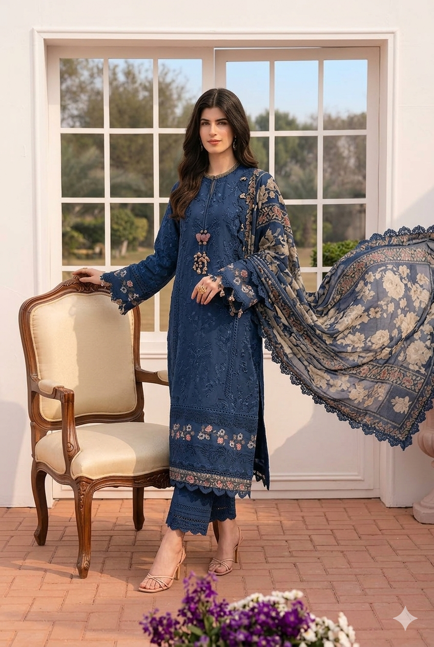 Pakistani Designer Blue Lawn Salwar Kameez Online in KSA Riyadh Saudi Arabia Oman Bahrain Qatar