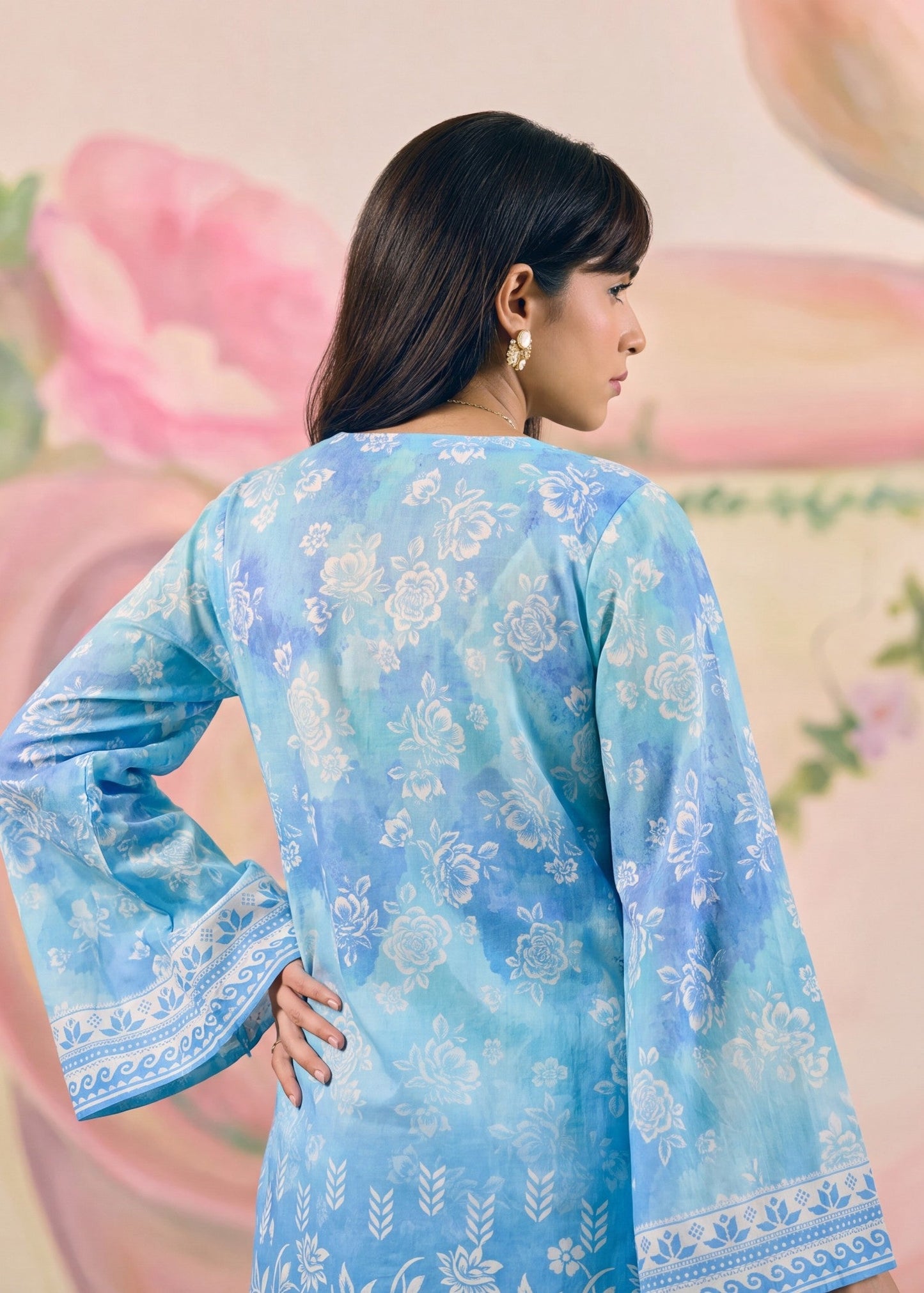 Pakistani Designer Blue Lawn Sharara Suit Online in KSA Riyadh Saudi Arabia Oman Bahrain Qatar