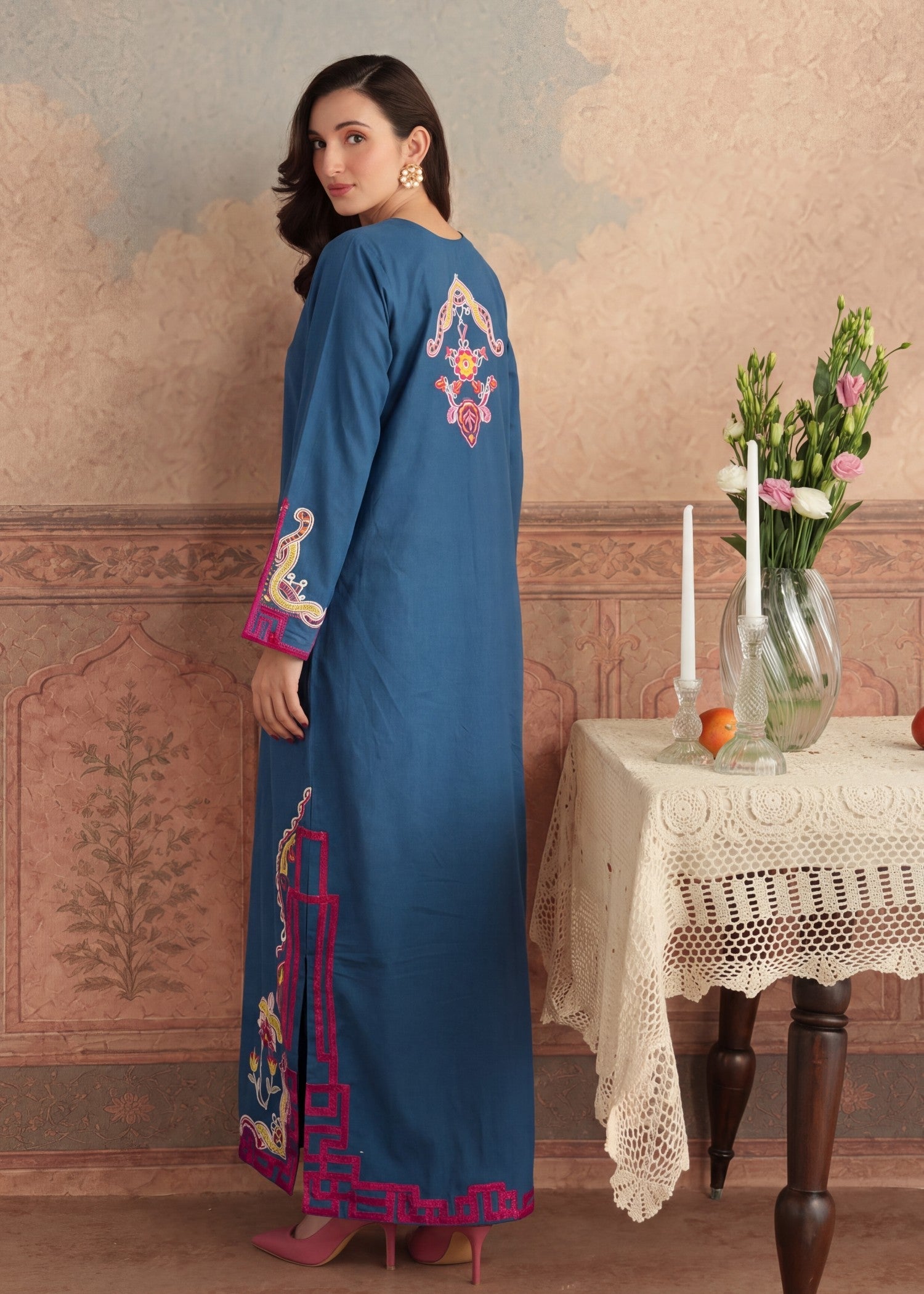 Pakistani Designer Blue Lawn Suit Online in KSA Riyadh Saudi Arabia Oman Bahrain Qatar