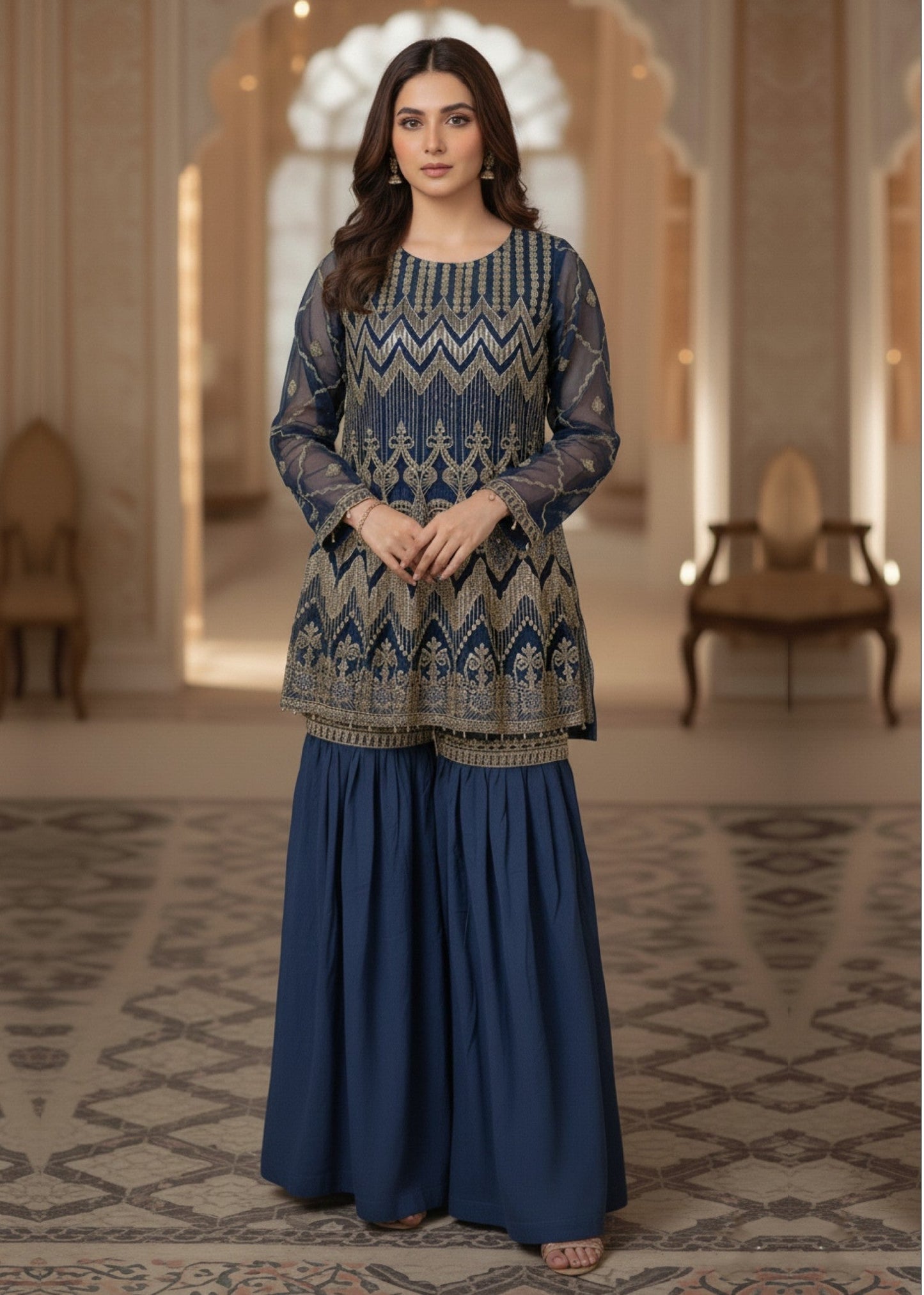 Pakistani Designer Blue Organza Salwar Kameez Online in KSA Riyadh Saudi Arabia Oman Bahrain Qatar