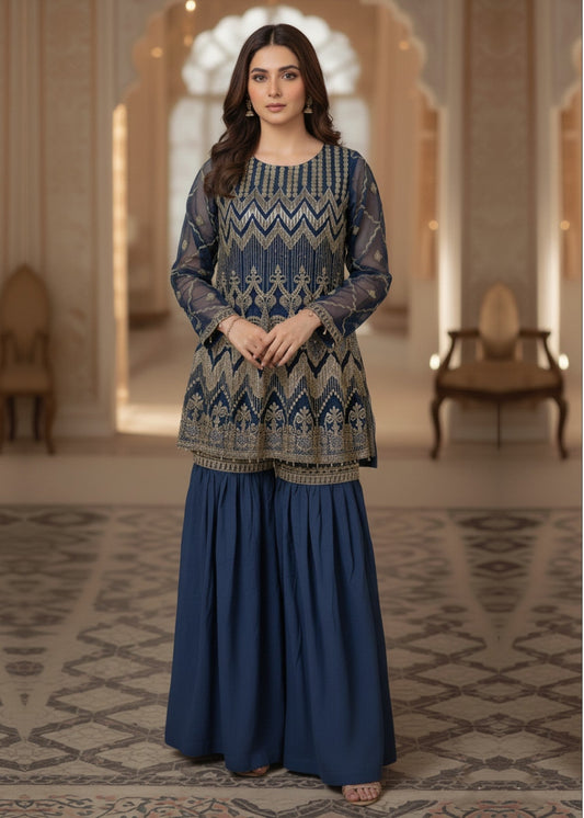 Pakistani Designer Blue Organza Salwar Kameez Online in KSA Riyadh Saudi Arabia Oman Bahrain Qatar