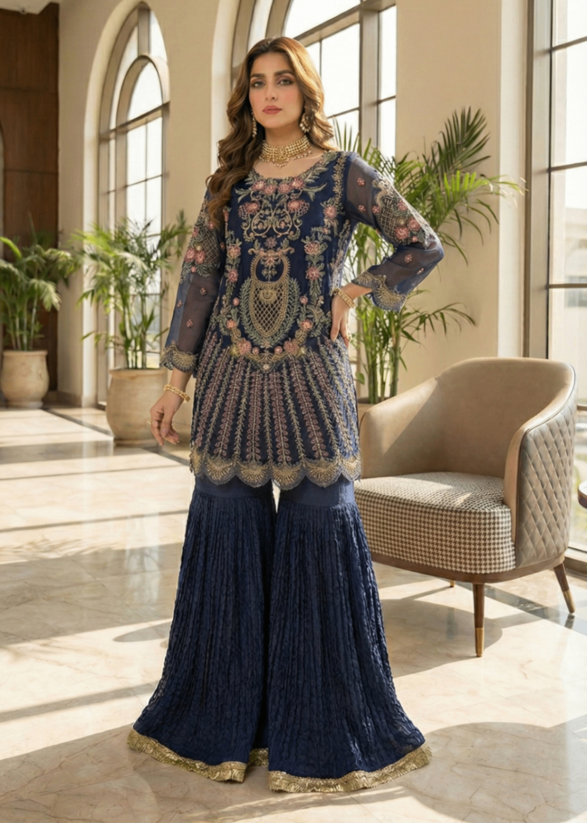 Pakistani Designer Blue Organza Salwar Kameez Online in KSA Riyadh Saudi Arabia Oman Bahrain Qatar