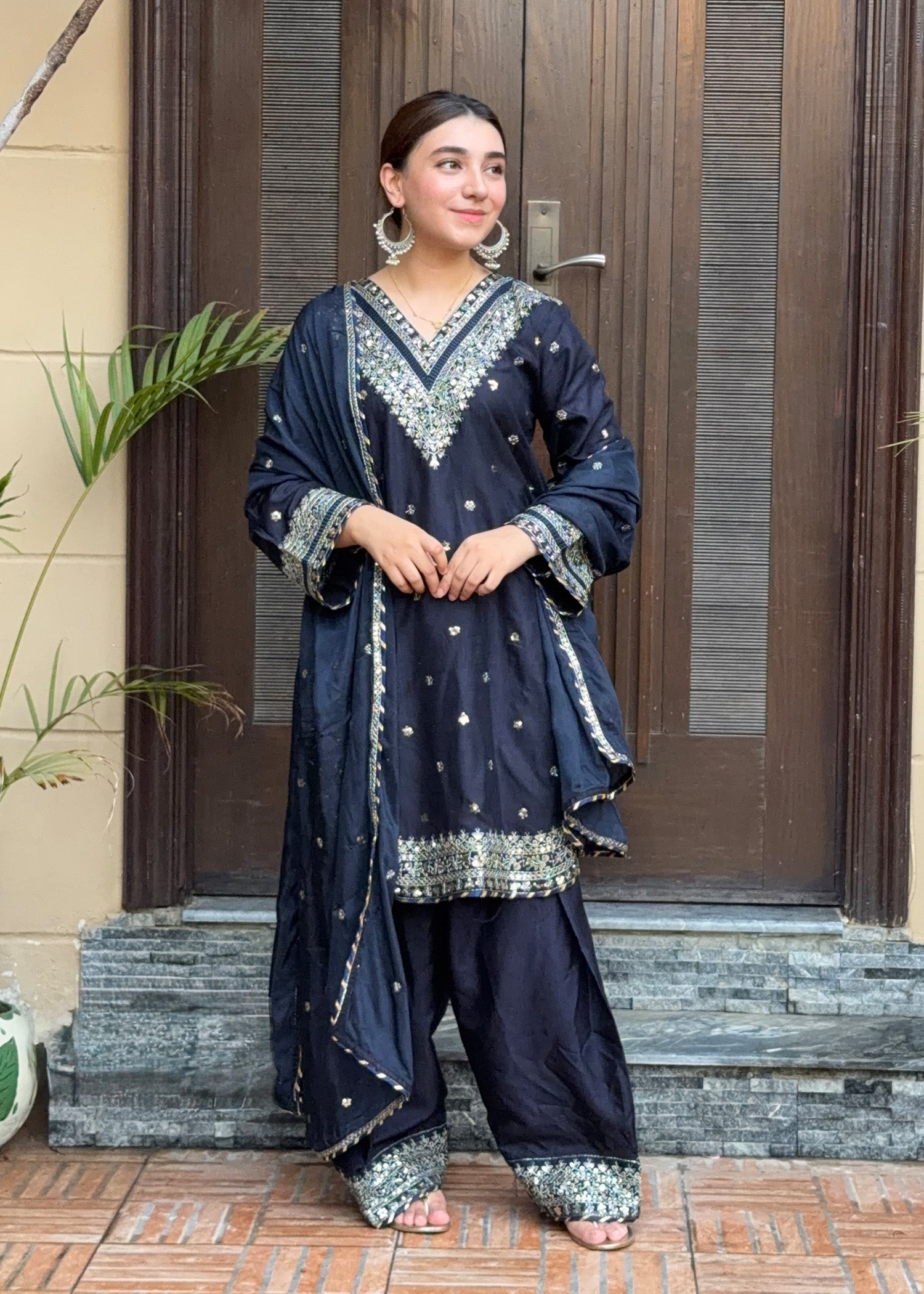 Pakistani Designer Blue Raw Silk Farshi Shalwar Online in KSA Riyadh Saudi Arabia Oman Bahrain Qatar