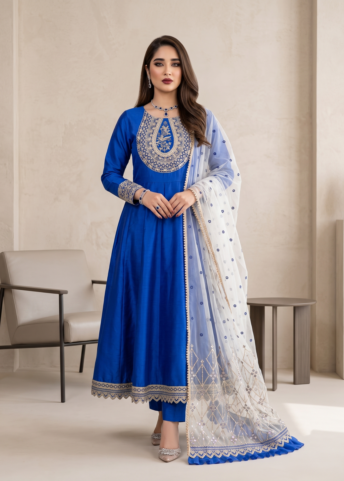 Pakistani Designer Blue Silk Flared Maxi Online in KSA Riyadh Saudi Arabia Oman Bahrain Qatar