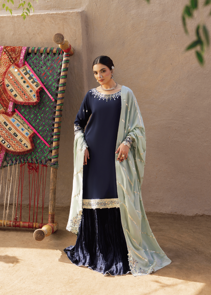 Pakistani Designer Blue Silk Sharara Gharara Online in KSA Riyadh Saudi Arabia Oman Bahrain Qatar