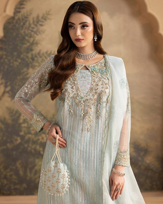 Pakistani Designer Blue Zari Silk Sharara Suit Online in KSA Riyadh Saudi Arabia Oman Bahrain Qatar