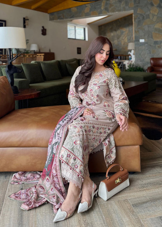 Pakistani Designer Blush-Beige Lawn Salwar Kameez Online in KSA Riyadh Saudi Arabia Oman Bahrain Qatar