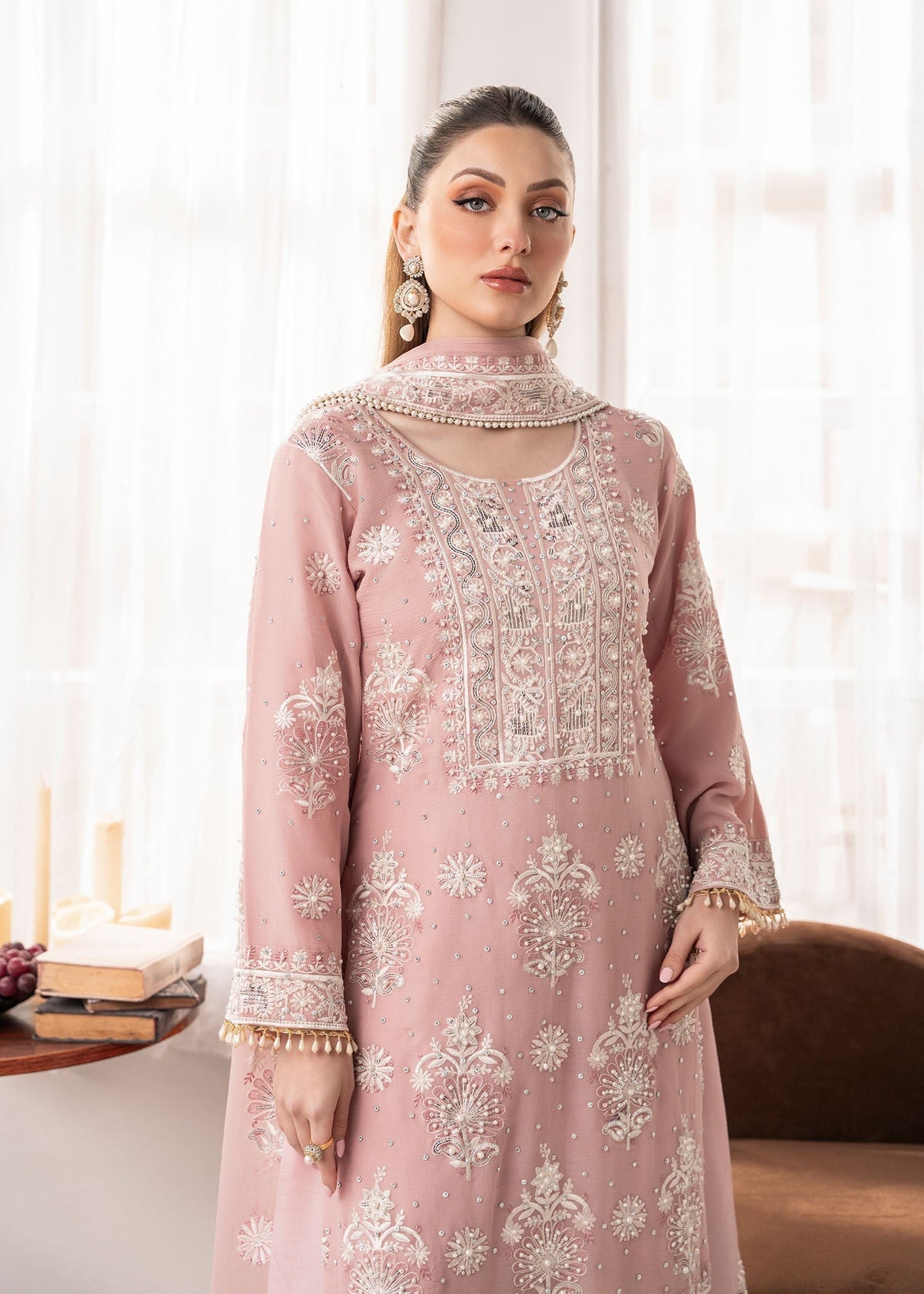 Pakistani Designer Blush Pink Chiffon Salwar Kameez Online in KSA Riyadh Saudi Arabia Oman Bahrain Qatar