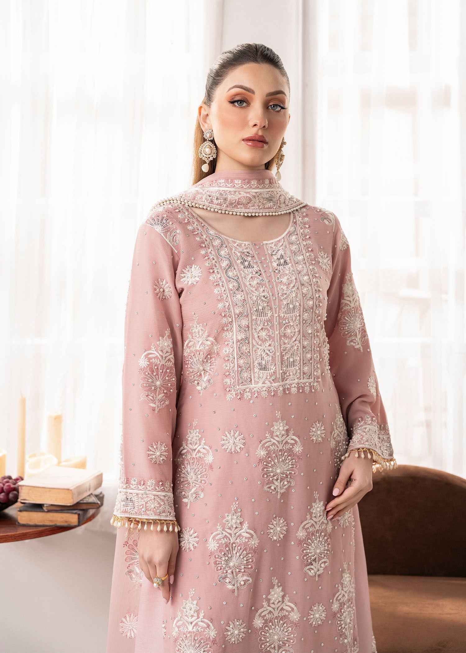 Pakistani Designer Blush Pink Chiffon Salwar Kameez Online in KSA Riyadh Saudi Arabia Oman Bahrain Qatar