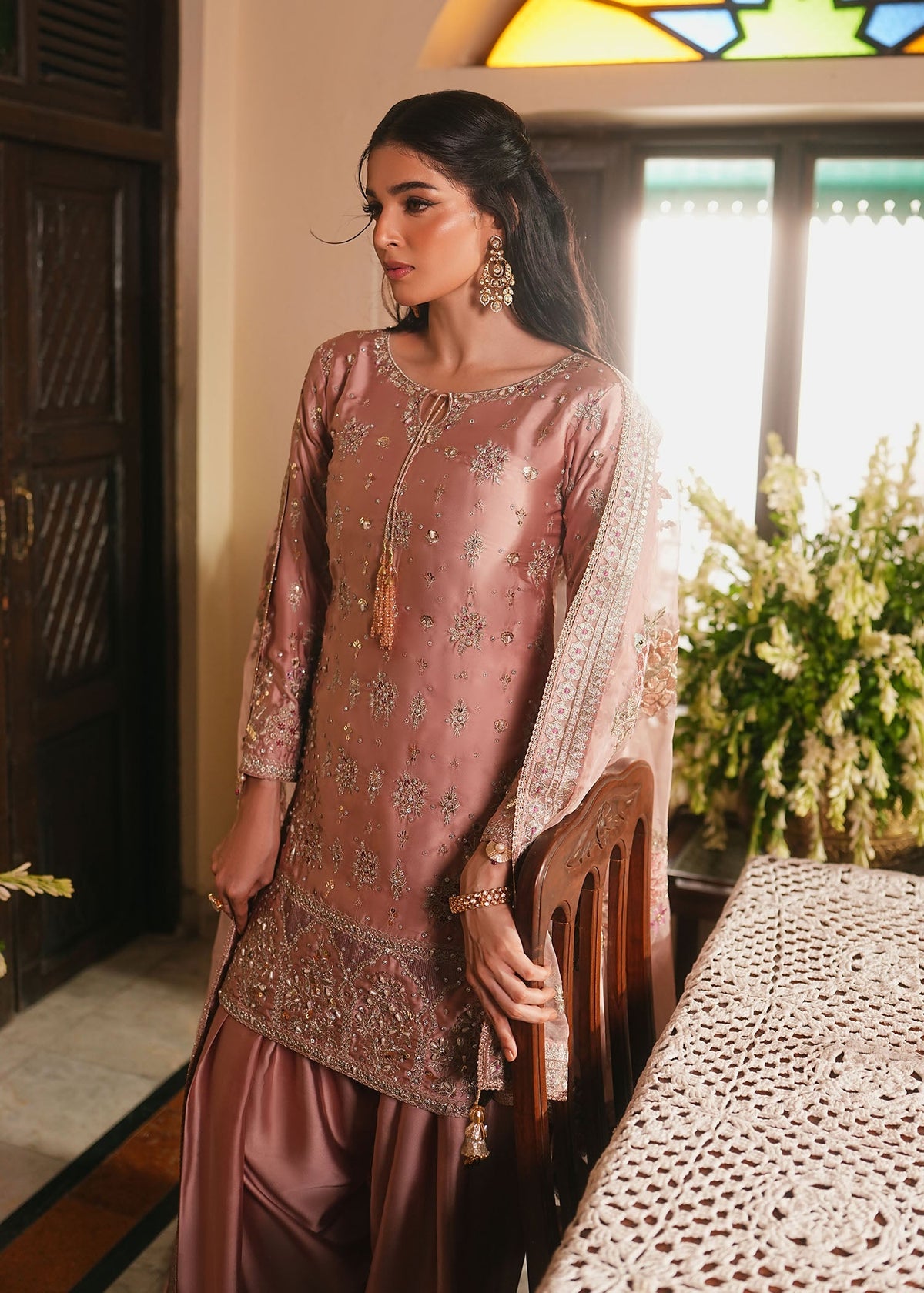 Pakistani Designer Blush Pink Embroidered Silk Suit Online in Sri Lanka India Australia