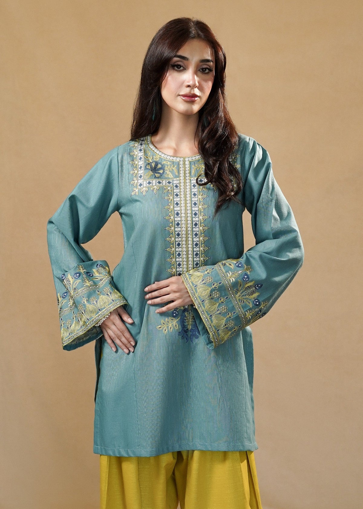 Pakistani Designer Bondi Blue Slub Khaddar Kurta Set Online in KSA Riyadh Saudi Arabia Oman Bahrain Qatar