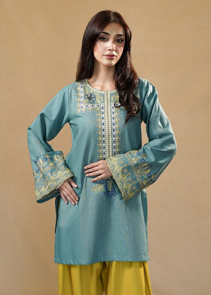 Pakistani Designer Bondi Blue Slub Khaddar Kurta Set Online in KSA Riyadh Saudi Arabia Oman Bahrain Qatar
