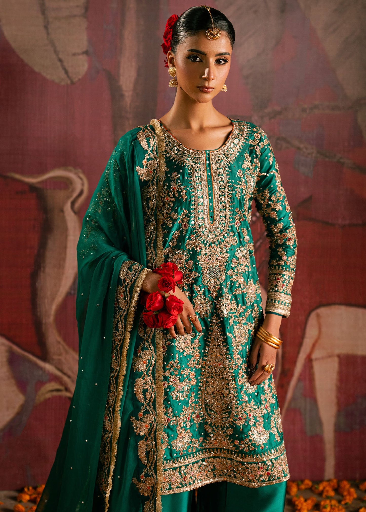 Pakistani Designer Bottle Green Charmuse Salwar Kameez Online in KSA Riyadh Saudi Arabia Oman Bahrain Qatar