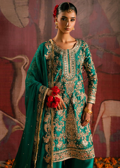 Pakistani Designer Bottle Green Charmuse Salwar Kameez Online in KSA Riyadh Saudi Arabia Oman Bahrain Qatar