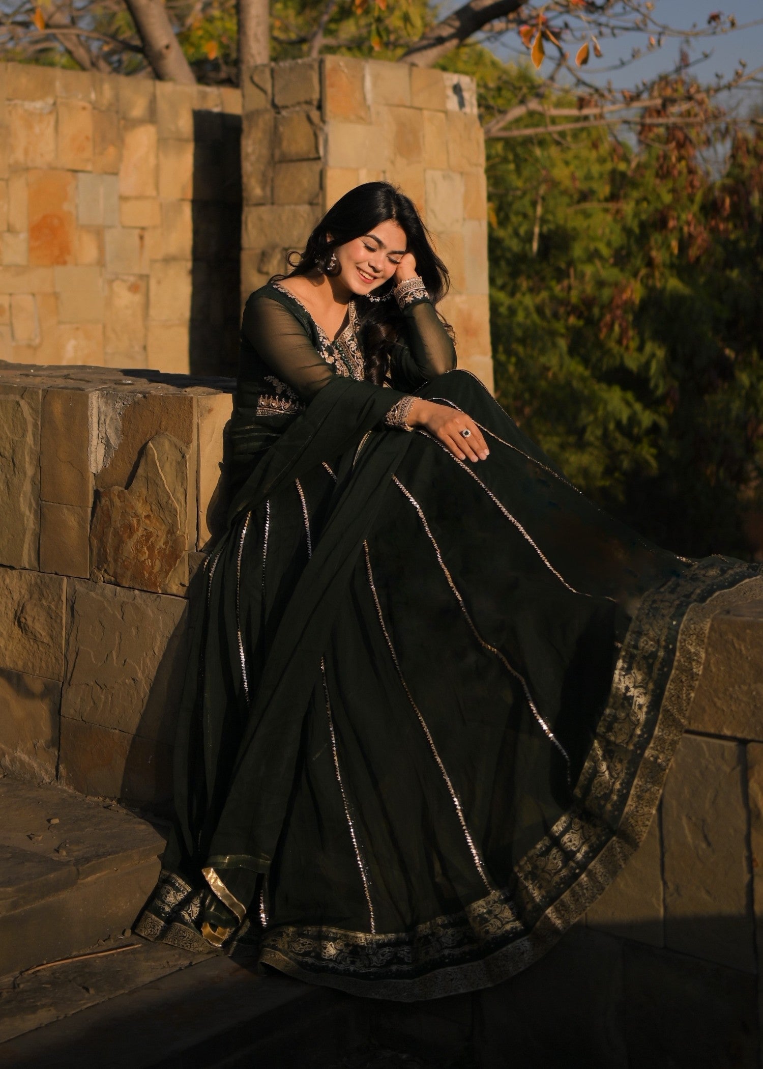 Pakistani Designer Bottle Green Chiffon Pishwas Gharara Online in KSA Riyadh Saudi Arabia Oman Bahrain Qatar
