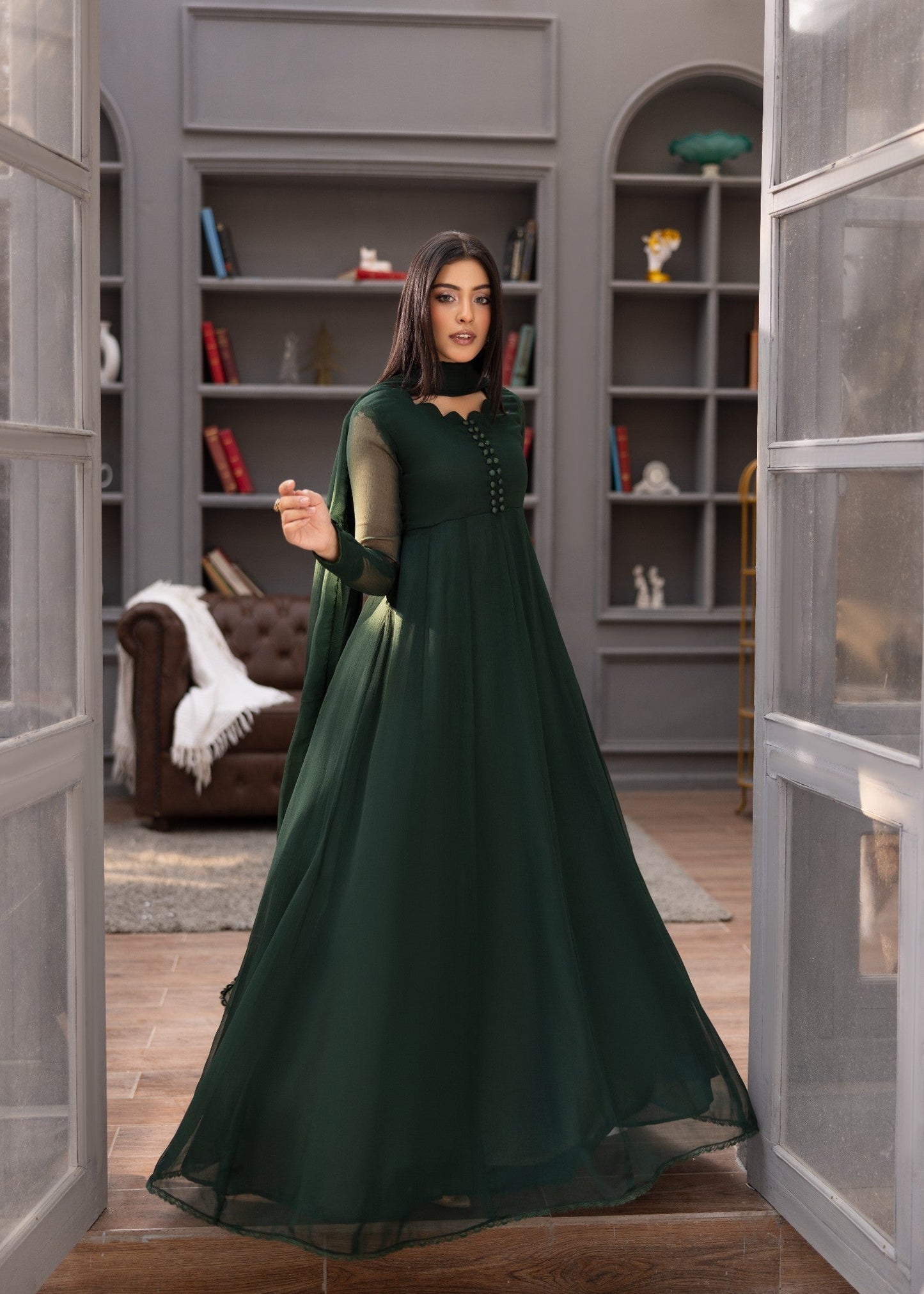 Pakistani Designer Bottle Green Chiffon Salwar Kameez Online in KSA Riyadh Saudi Arabia Oman Bahrain Qatar
