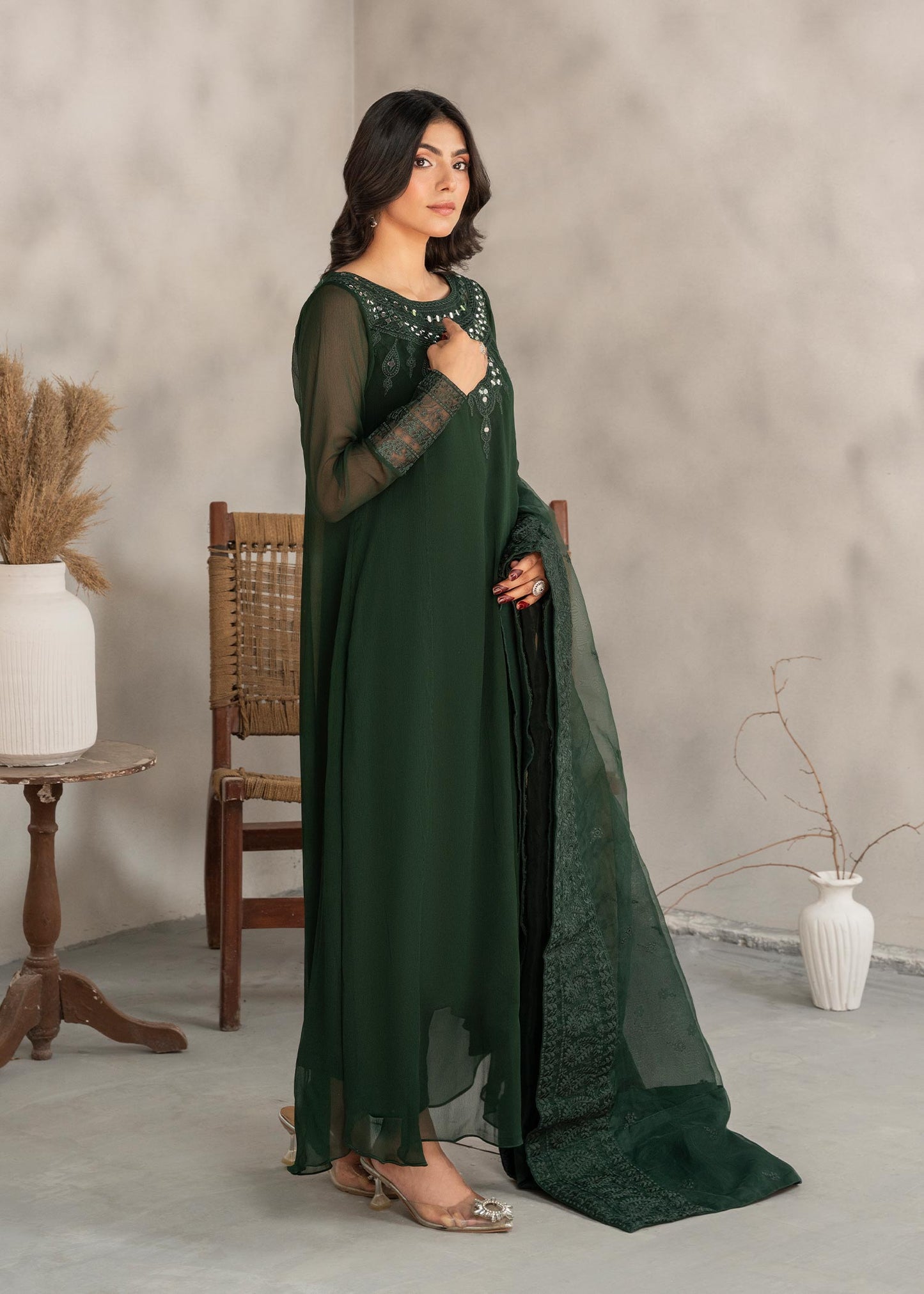 Pakistani Designer Bottle Green Chiffon Salwar Kameez Online in KSA Riyadh Saudi Arabia Oman Bahrain Qatar